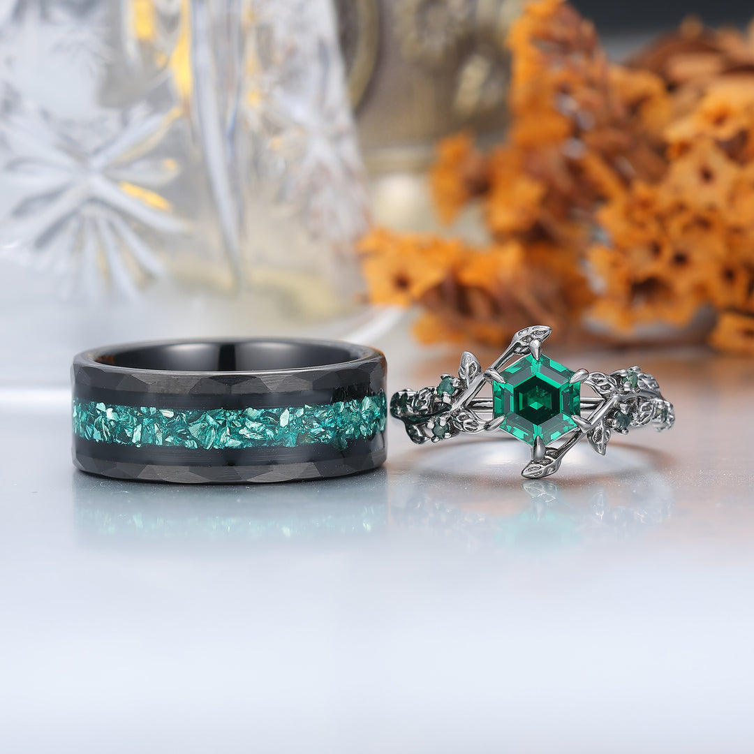 Hexagon Cut Emerald Sprig Leaf Couple Ring Green Emerald And Black His And Hers Rings