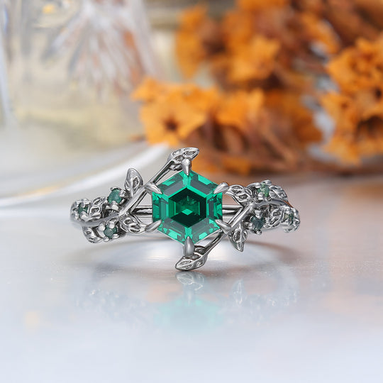 Hexagon Cut Emerald Sprig Leaf Couple Ring Green Emerald And Black His And Hers Rings
