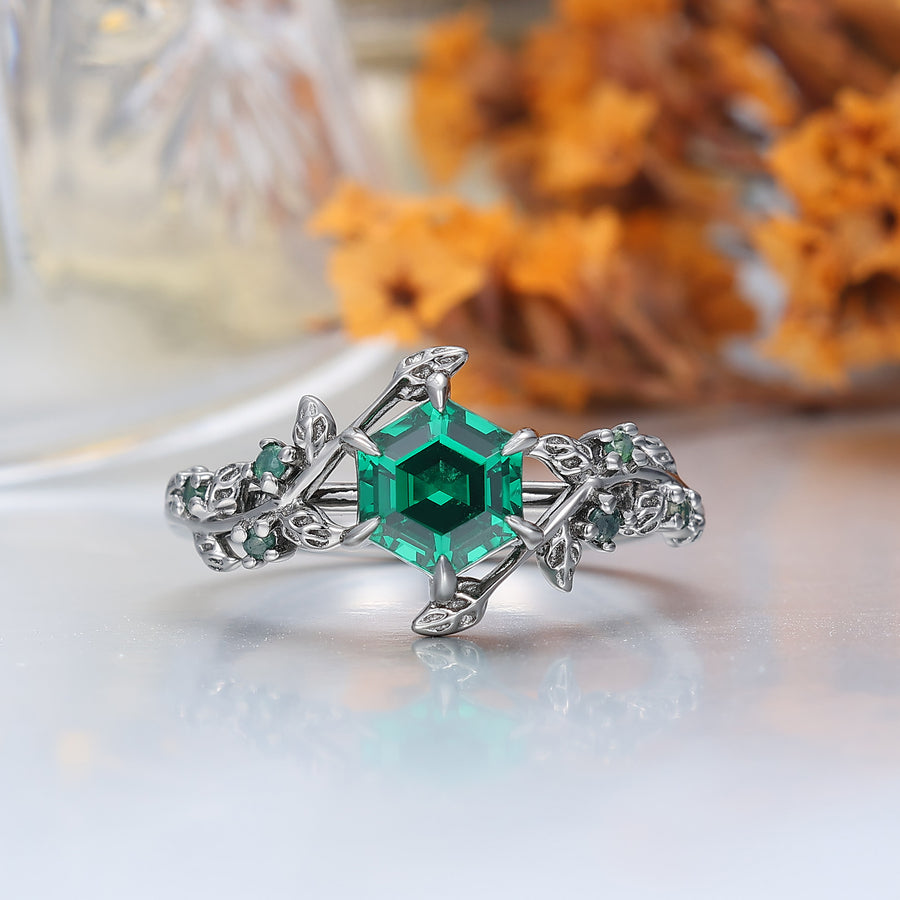 Hexagon Cut Emerald Sprig Leaf Couple Ring Green Emerald And Black His And Hers Rings