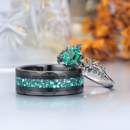 Hexagon Cut Emerald Sprig Leaf Couple Ring Green Emerald And Black His And Hers Rings