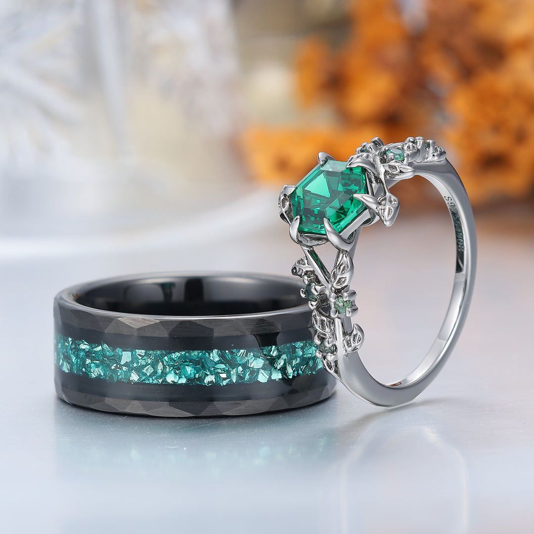 Hexagon Cut Emerald Sprig Leaf Couple Ring Green Emerald And Black His And Hers Rings