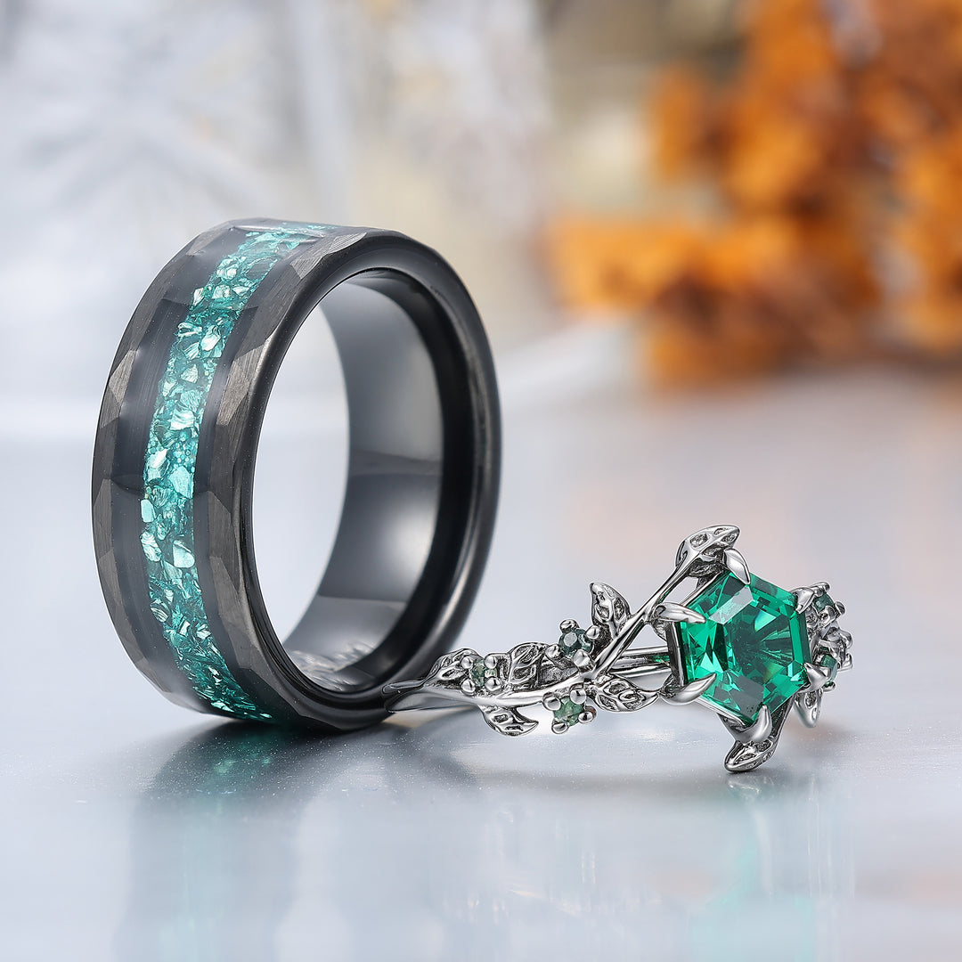 Hexagon Cut Emerald Sprig Leaf Couple Ring Green Emerald And Black His And Hers Rings