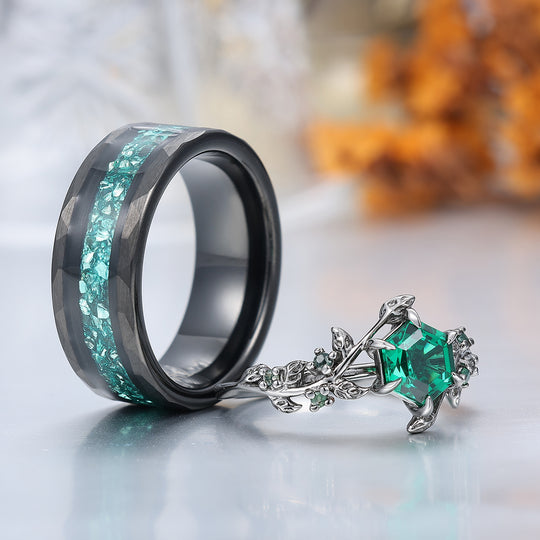 Hexagon Cut Emerald Sprig Leaf Couple Ring Green Emerald And Black His And Hers Rings