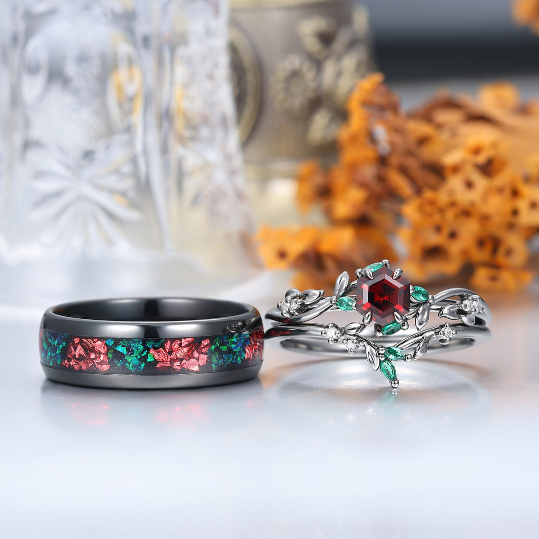 Gorgeous Red Garnet Sprig Engagement Couple Rings Set S925 And Tungsten Matching Ring