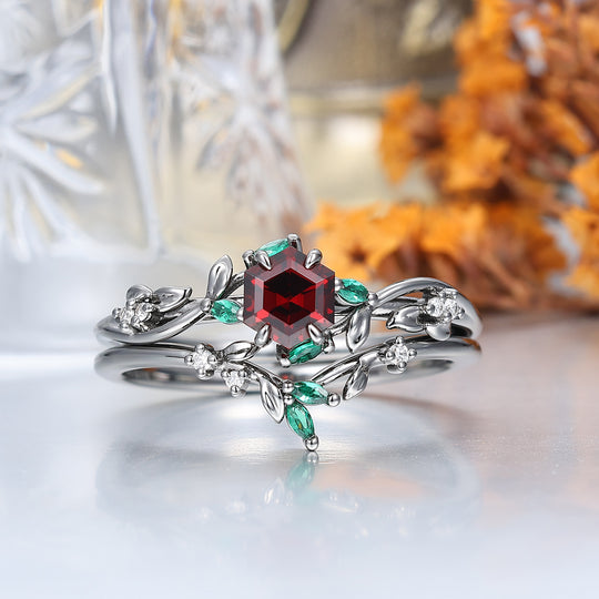 Gorgeous Red Garnet Sprig Engagement Couple Rings Set S925 And Tungsten Matching Ring