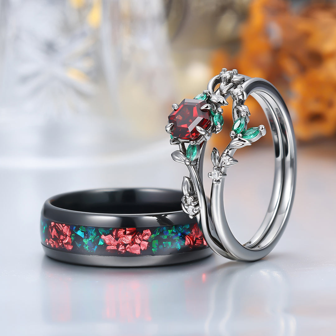 Gorgeous Red Garnet Sprig Engagement Couple Rings Set S925 And Tungsten Matching Ring