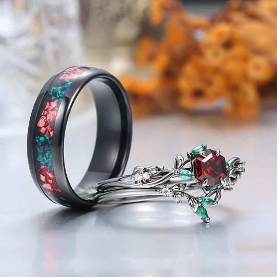 Gorgeous Red Garnet Sprig Engagement Couple Rings Set S925 And Tungsten Matching Ring