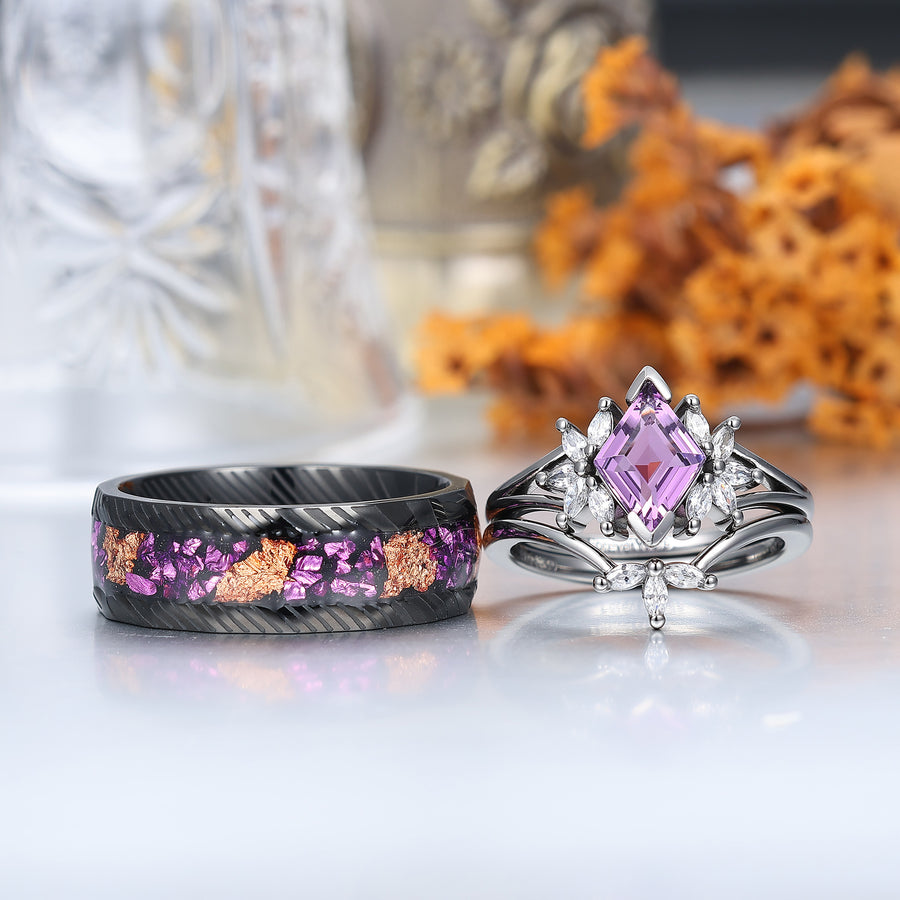 Delicate Amethyst Petal Engagement Couple Rings Set Matching Promise Purple Damascus Steel Wedding Band -  Esdomera.com