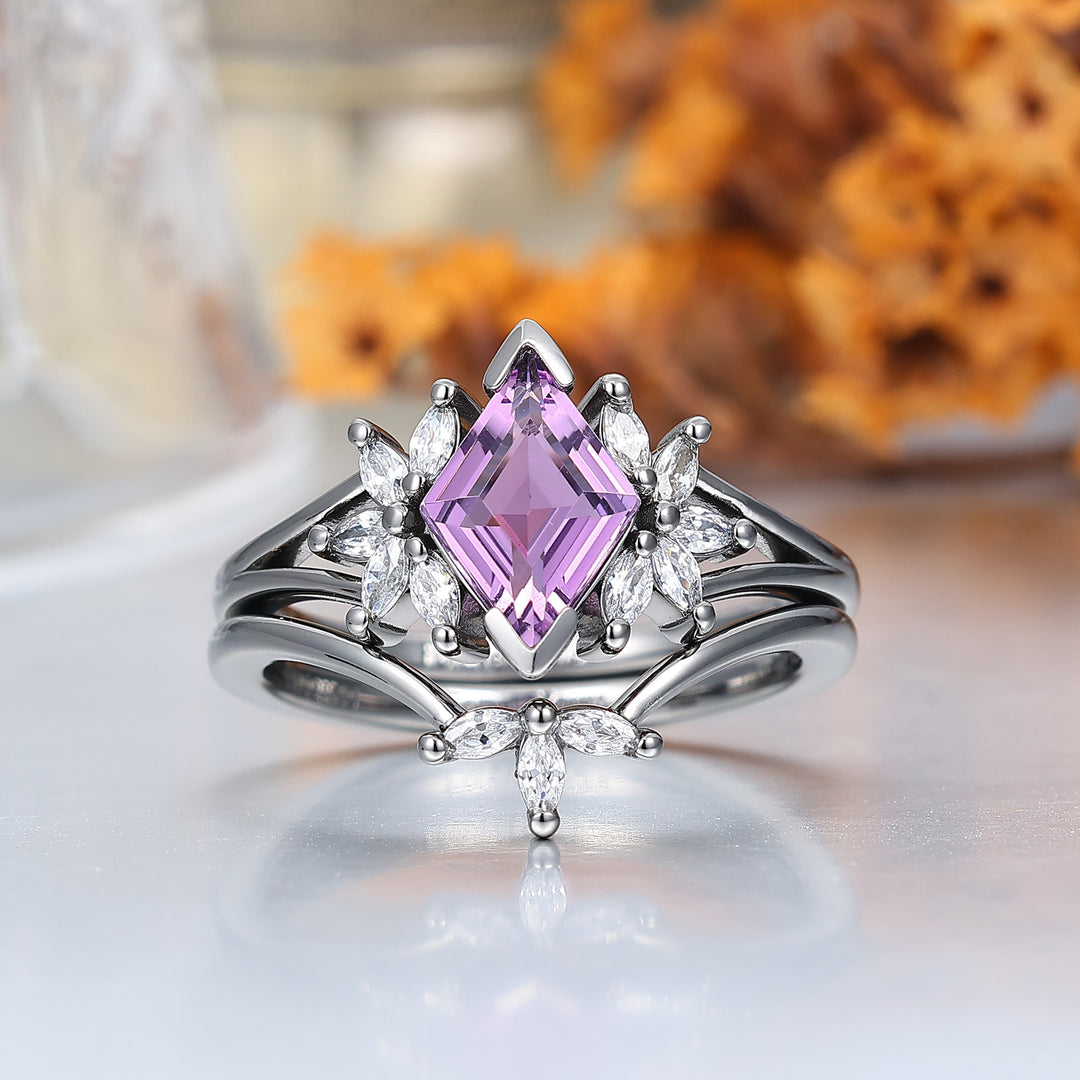 Delicate Amethyst Petal Engagement Couple Rings Set Matching Promise Purple Damascus Steel Wedding Band -  Esdomera.com