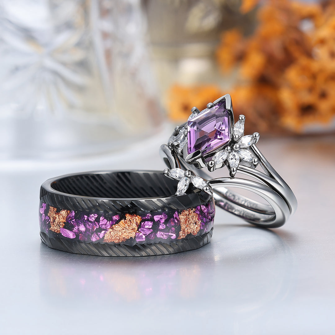 Delicate Amethyst Petal Engagement Couple Rings Set Matching Promise Purple Damascus Steel Wedding Band -  Esdomera.com