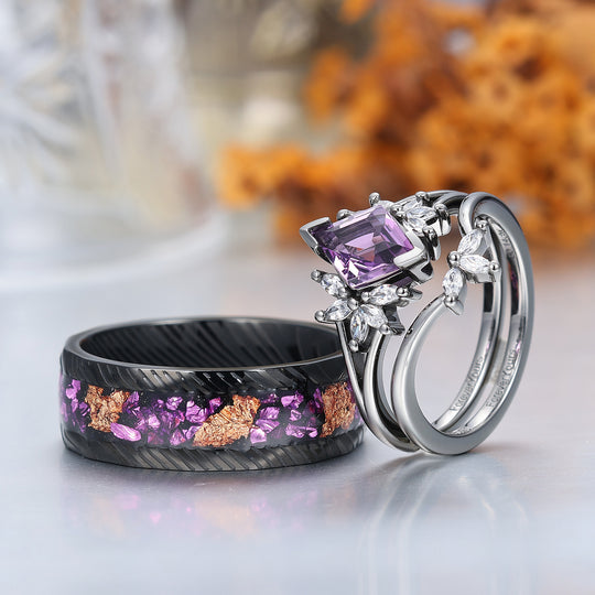 Delicate Amethyst Petal Engagement Couple Rings Set Matching Promise Purple Damascus Steel Wedding Band -  Esdomera.com