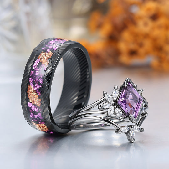 Delicate Amethyst Petal Engagement Couple Rings Set Matching Promise Purple Damascus Steel Wedding Band -  Esdomera.com