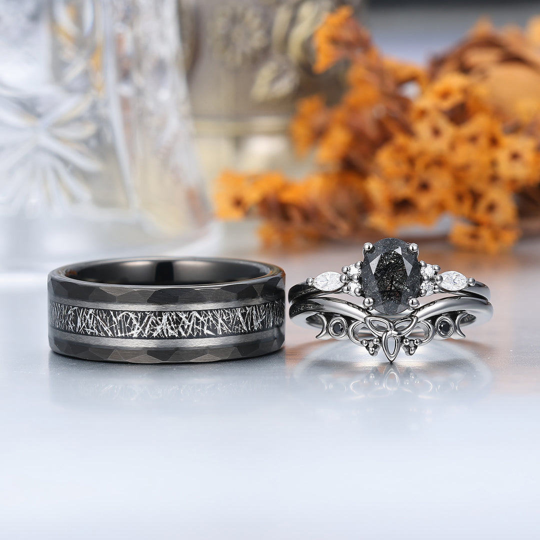 Vintage Oval Natural Black Rutilated Quartz Couple Ring Set Black Plated His And Hers Rings