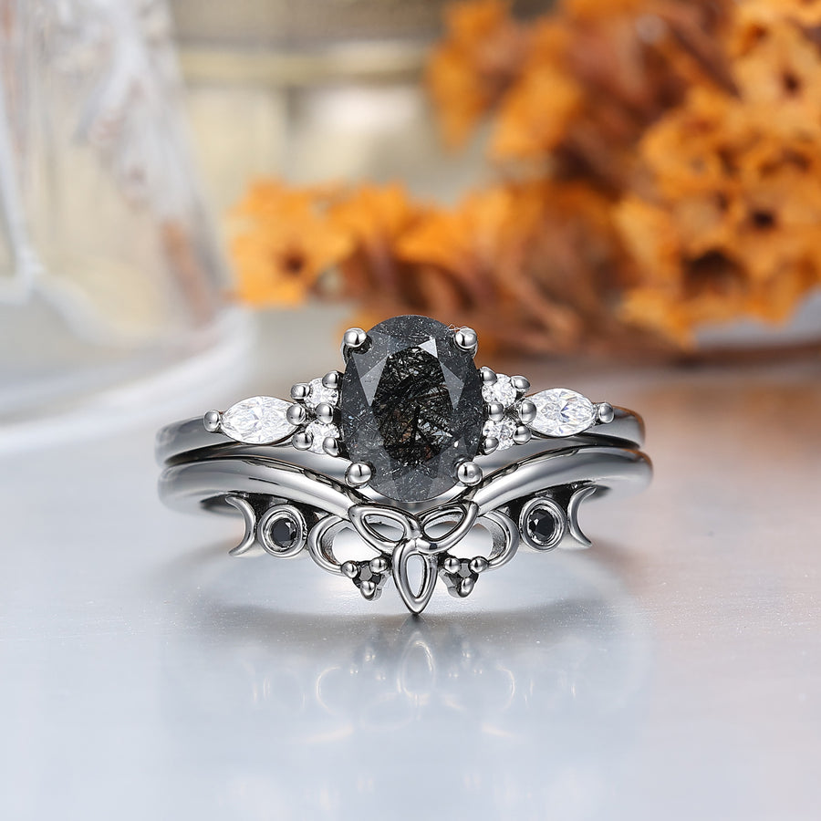 Vintage Oval Natural Black Rutilated Quartz Couple Ring Set Black Plated His And Hers Rings