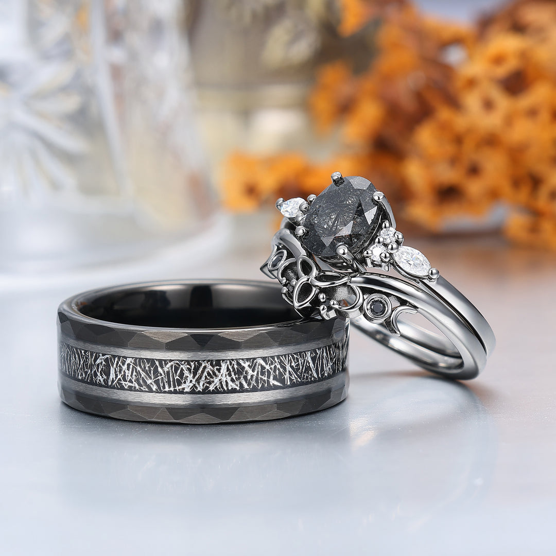 Vintage Oval Natural Black Rutilated Quartz Couple Ring Set Black Plated His And Hers Rings
