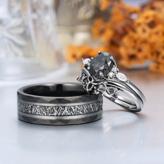 Vintage Oval Natural Black Rutilated Quartz Couple Ring Set Black Plated His And Hers Rings