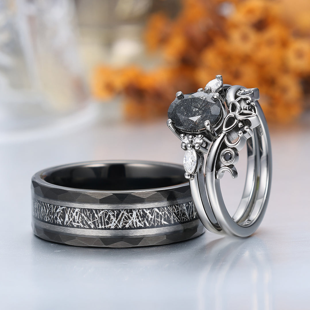 Vintage Oval Natural Black Rutilated Quartz Couple Ring Set Black Plated His And Hers Rings
