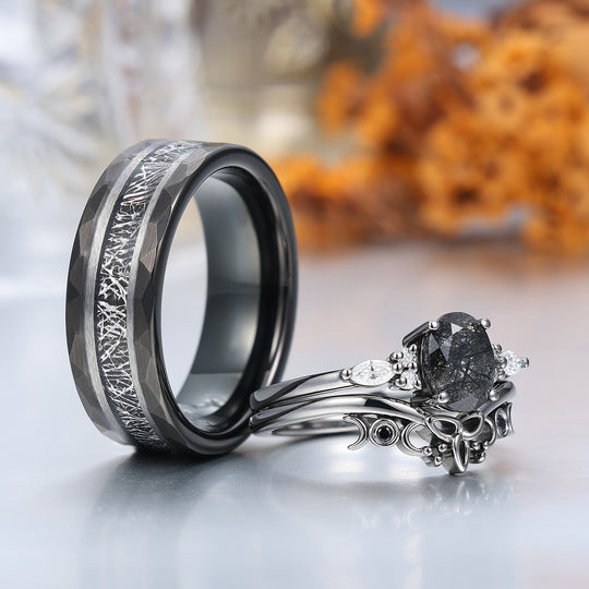 Vintage Oval Natural Black Rutilated Quartz Couple Ring Set Black Plated His And Hers Rings