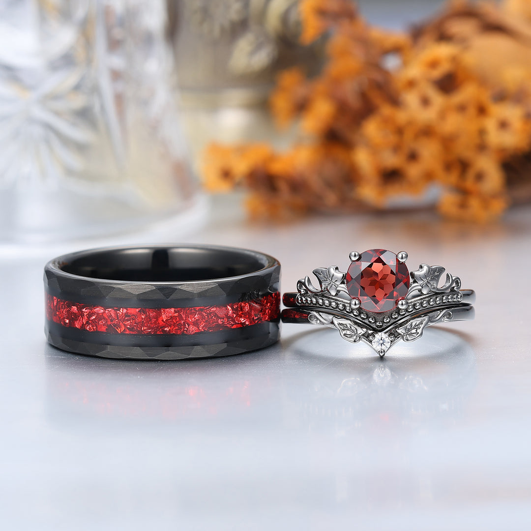 Vintage Red Garnet Maple Leaf Engagement Couple Rings Promise Tungsten Wedding Band Couples' Set