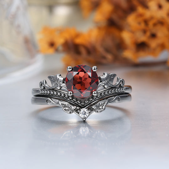 Vintage Red Garnet Maple Leaf Engagement Couple Rings Promise Tungsten Wedding Band Couples' Set