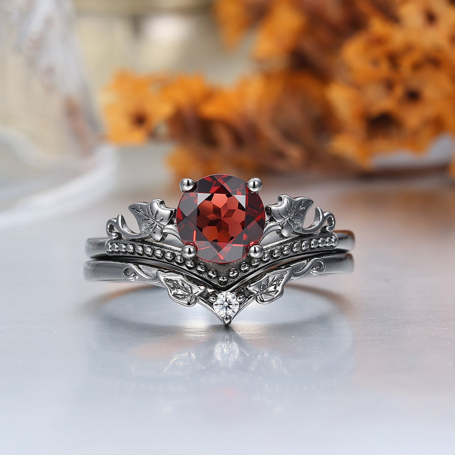 Vintage Red Garnet Maple Leaf Engagement Couple Rings Promise Tungsten Wedding Band Couples' Set