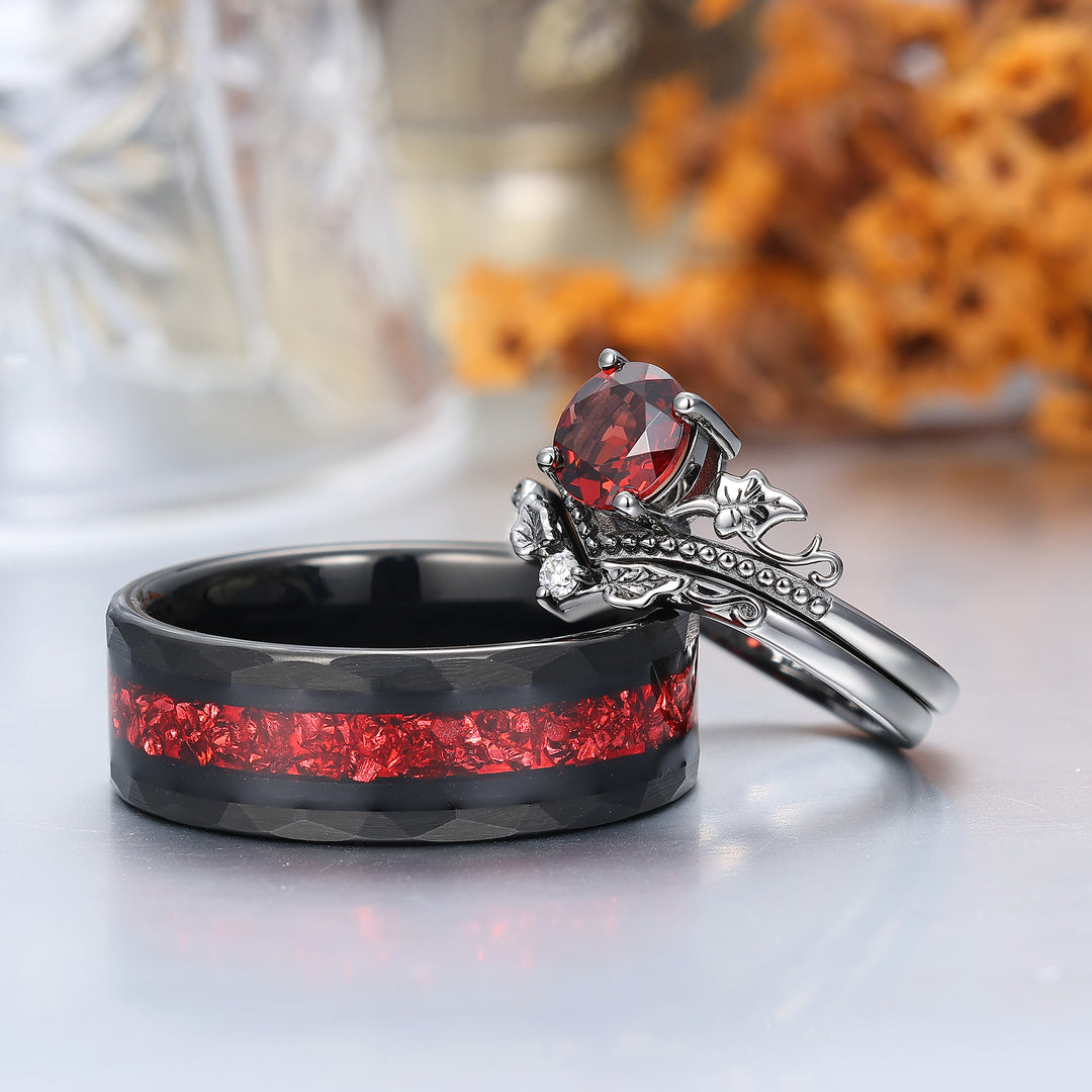 Vintage Red Garnet Maple Leaf Engagement Couple Rings Promise Tungsten Wedding Band Couples' Set