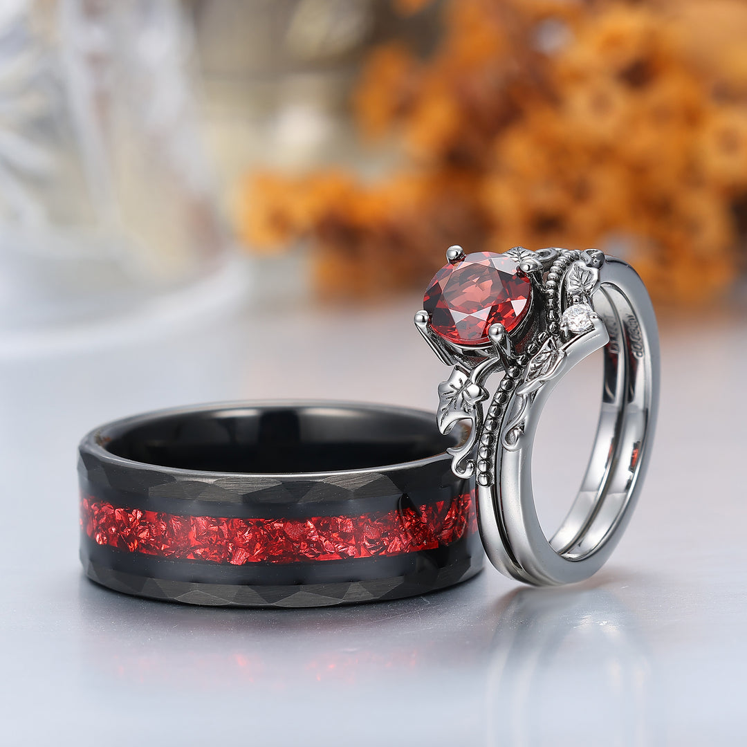Vintage Red Garnet Maple Leaf Engagement Couple Rings Promise Tungsten Wedding Band Couples' Set