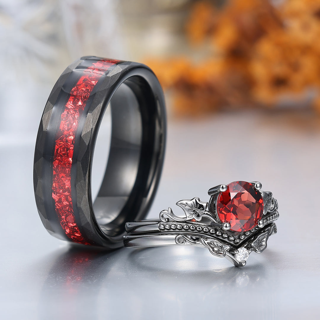 Vintage Red Garnet Maple Leaf Engagement Couple Rings Promise Tungsten Wedding Band Couples' Set