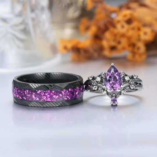 Personalisierte Birnenschliff Lila Amethyst Passende Ring Set Ast Blatt Form Amethyst Paare Ring