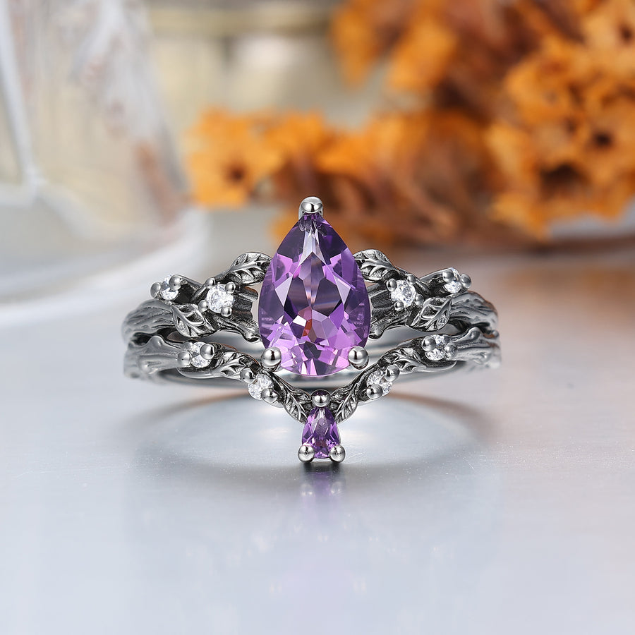 Personalisierte Birnenschliff Lila Amethyst Passende Ring Set Ast Blatt Form Amethyst Paare Ring