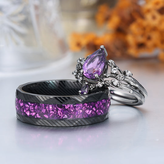 Personalisierte Birnenschliff Lila Amethyst Passende Ring Set Ast Blatt Form Amethyst Paare Ring