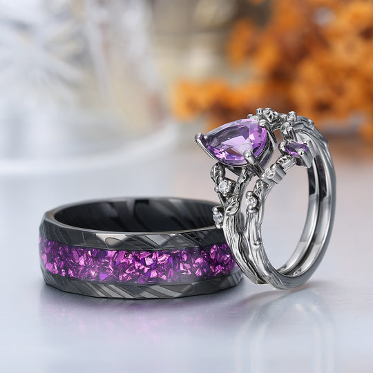 Personalisierte Birnenschliff Lila Amethyst Passende Ring Set Ast Blatt Form Amethyst Paare Ring