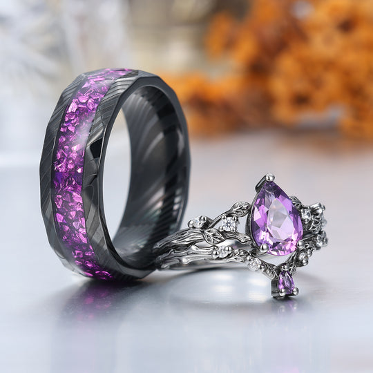 Personalisierte Birnenschliff Lila Amethyst Passende Ring Set Ast Blatt Form Amethyst Paare Ring