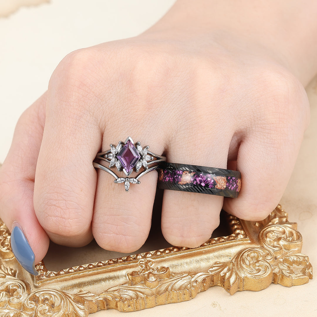 Delicate Amethyst Petal Engagement Couple Rings Set Matching Promise Purple Damascus Steel Wedding Band -  Esdomera.com