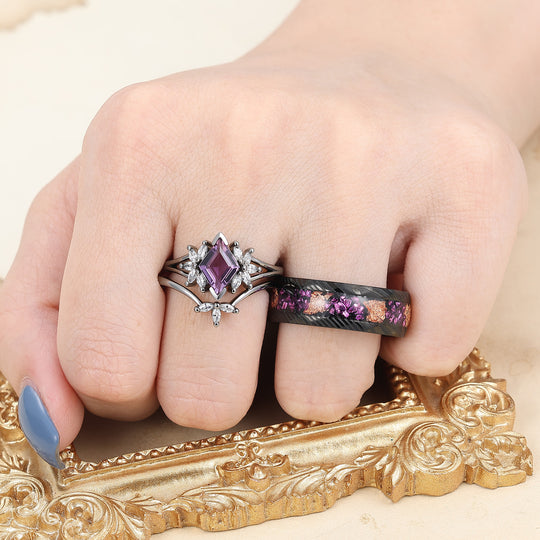 Delicate Amethyst Petal Engagement Couple Rings Set Matching Promise Purple Damascus Steel Wedding Band -  Esdomera.com
