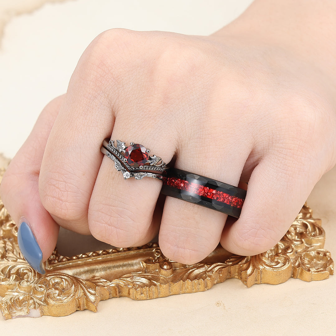 Vintage Red Garnet Maple Leaf Engagement Couple Rings Promise Tungsten Wedding Band Couples' Set