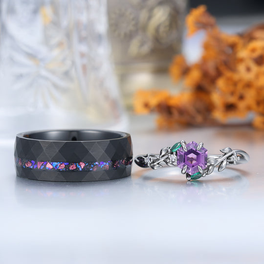 Wheat Shank Natural Amethyst Engagement Couple Rings 925 Sterling Silver And Black Tungsten Matching Ring