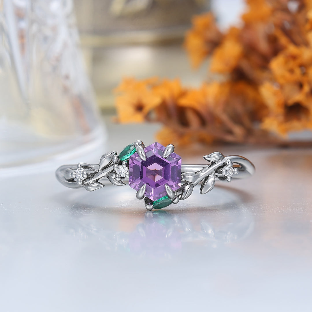 Wheat Shank Natural Amethyst Engagement Couple Rings 925 Sterling Silver And Black Tungsten Matching Ring