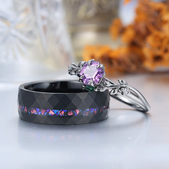Wheat Shank Natural Amethyst Engagement Couple Rings 925 Sterling Silver And Black Tungsten Matching Ring