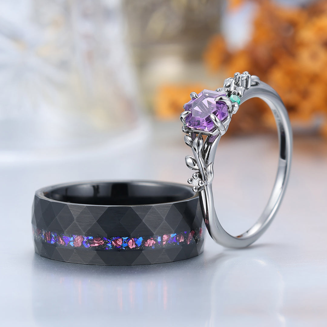Wheat Shank Natural Amethyst Engagement Couple Rings 925 Sterling Silver And Black Tungsten Matching Ring
