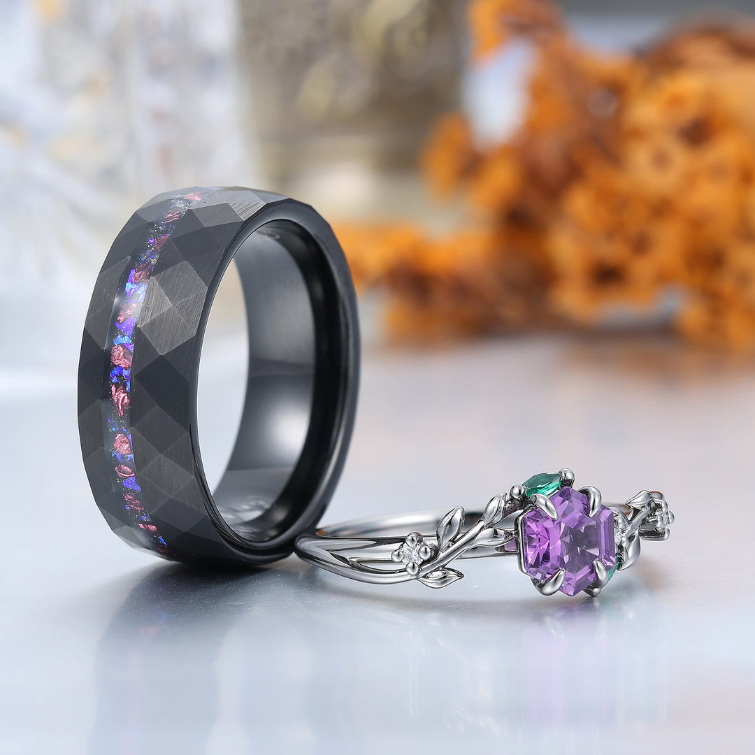 Wheat Shank Natural Amethyst Engagement Couple Rings 925 Sterling Silver And Black Tungsten Matching Ring