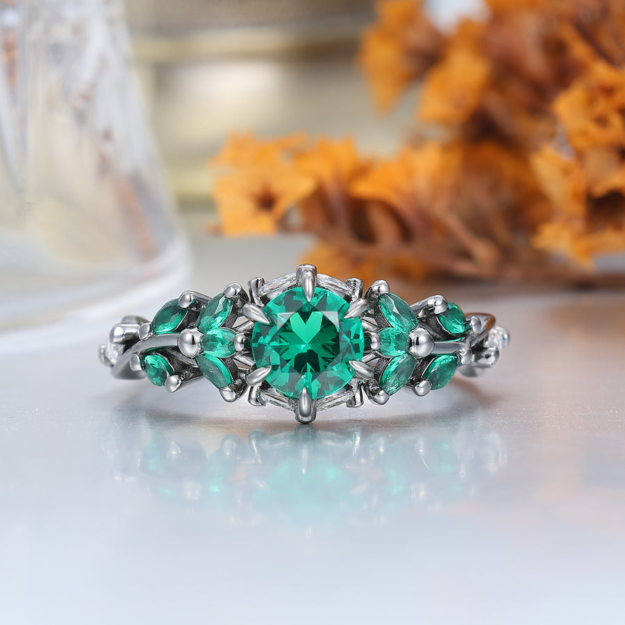 Emerald Engagement Couples Ring Set And Wood Inlay Tungsten Matching Ring His and Hers Ring Set