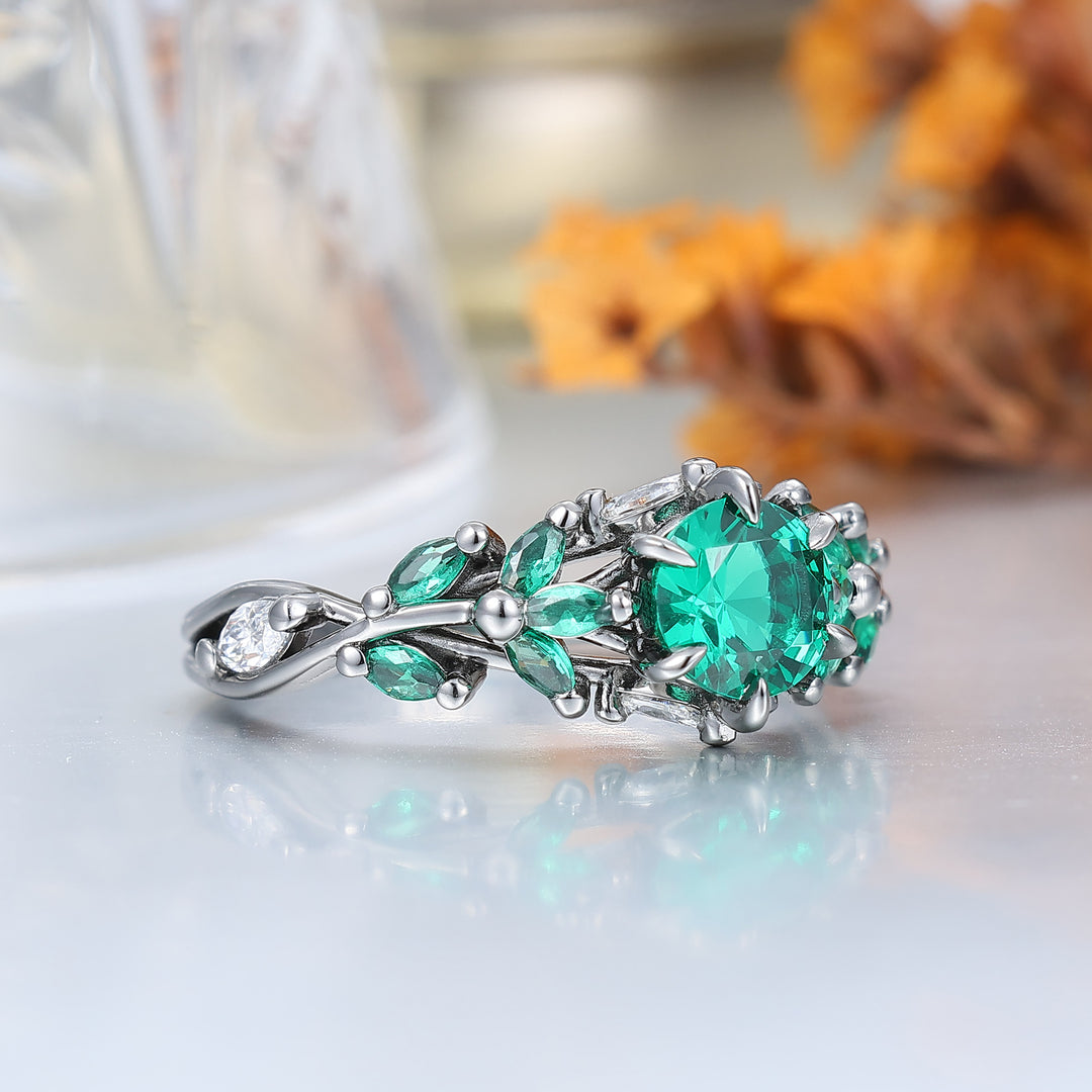 Ensemble de bagues de fiançailles pour couples avec émeraude taille ronde et bague assortie en tungstène opale paon, ensemble de bagues de mariage pour lui et elle