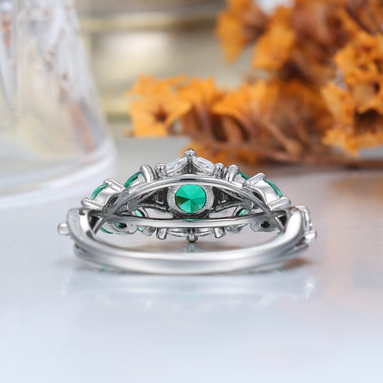 Ensemble de bagues de fiançailles pour couples avec émeraude taille ronde et bague assortie en tungstène opale paon, ensemble de bagues de mariage pour lui et elle
