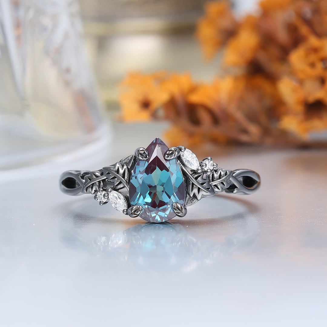 Alexandrite Leaf Floral Engagement Ring Vintage 1.5CT Pear Cut Bridal Anniversary Ring Ring