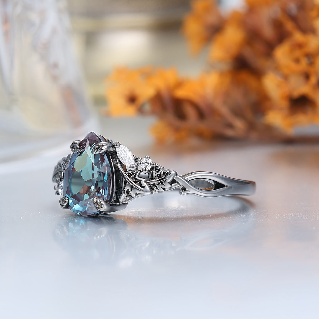 Alexandrite Leaf Floral Engagement Ring Vintage 1.5CT Pear Cut Bridal Anniversary Ring Ring