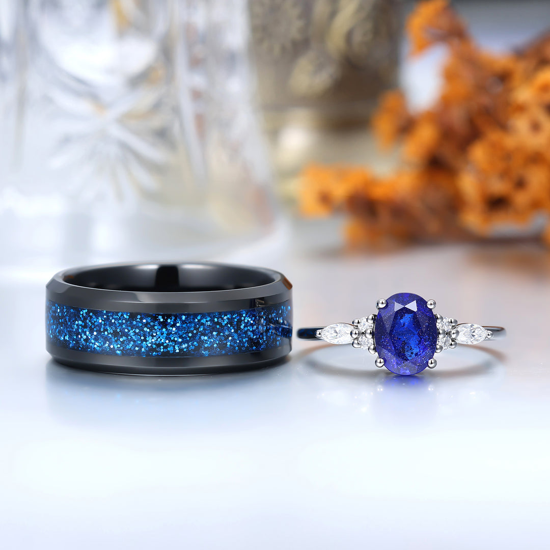 Anello da coppia vintage ovale in arenaria galassia, fascia nuziale nera in tungsteno per lui e per lei