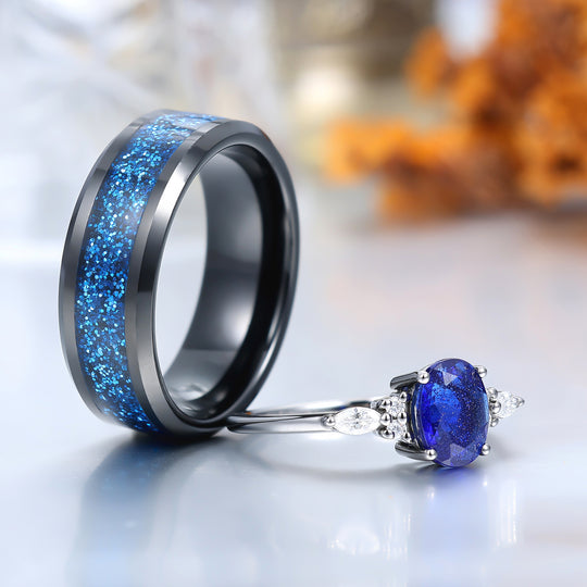 Anello da coppia vintage ovale in arenaria galassia, fascia nuziale nera in tungsteno per lui e per lei