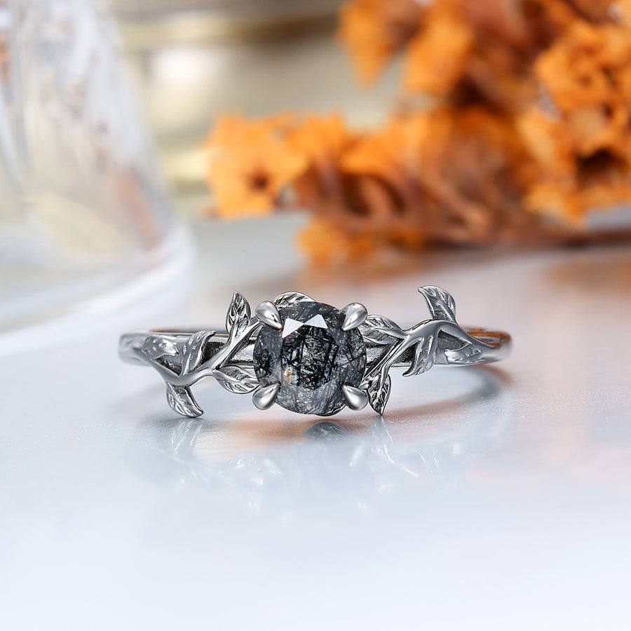 Bague de fiançailles en quartz rutile noir unique en forme de feuille, bagues assorties pour couple, anneaux de promesse pour lui et elle, alliance de mariage