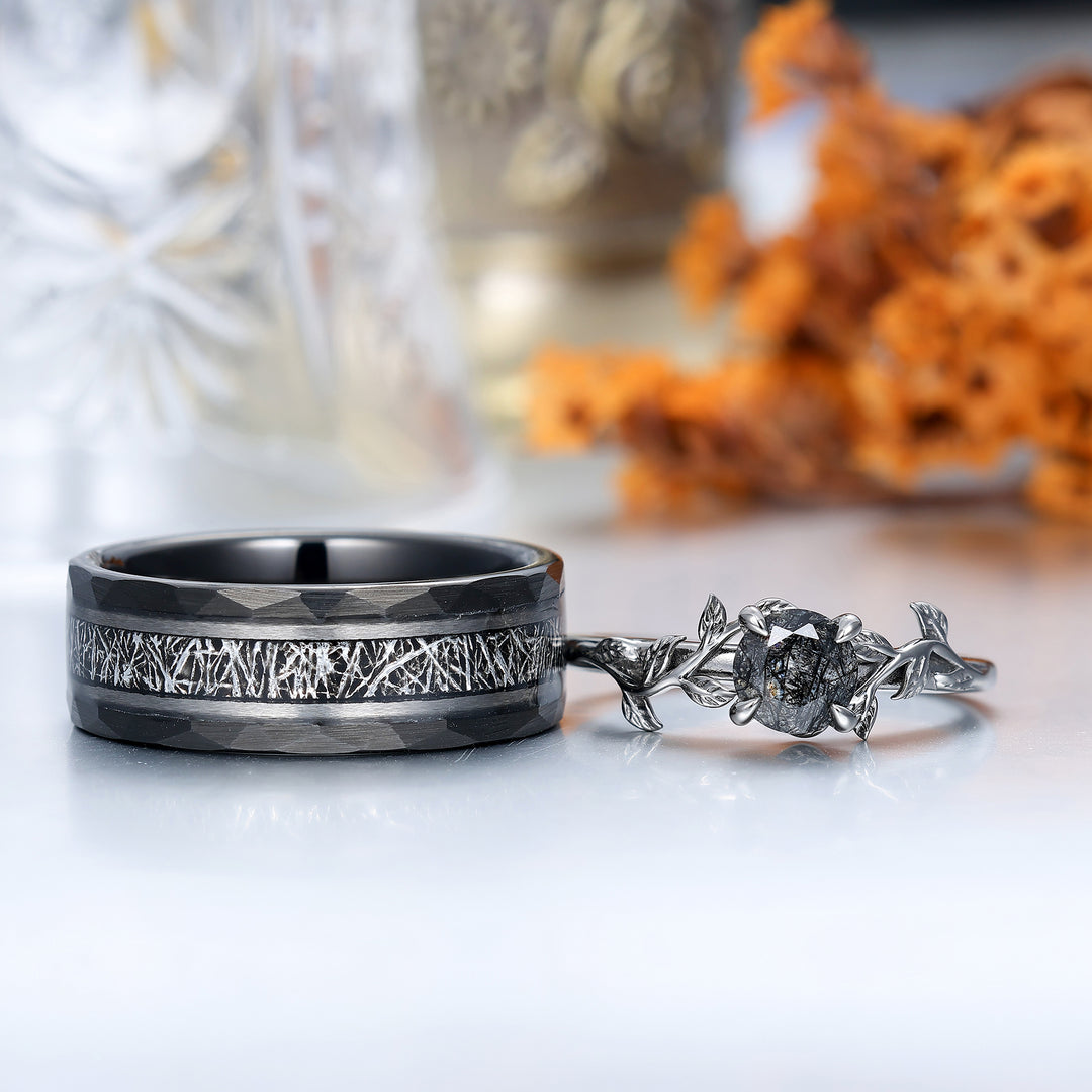 Unique Black Rutilated Quartz Leaf Streak Engagement Couple Rings Matching Promise His And Hers Wedding Band -  Esdomera.com